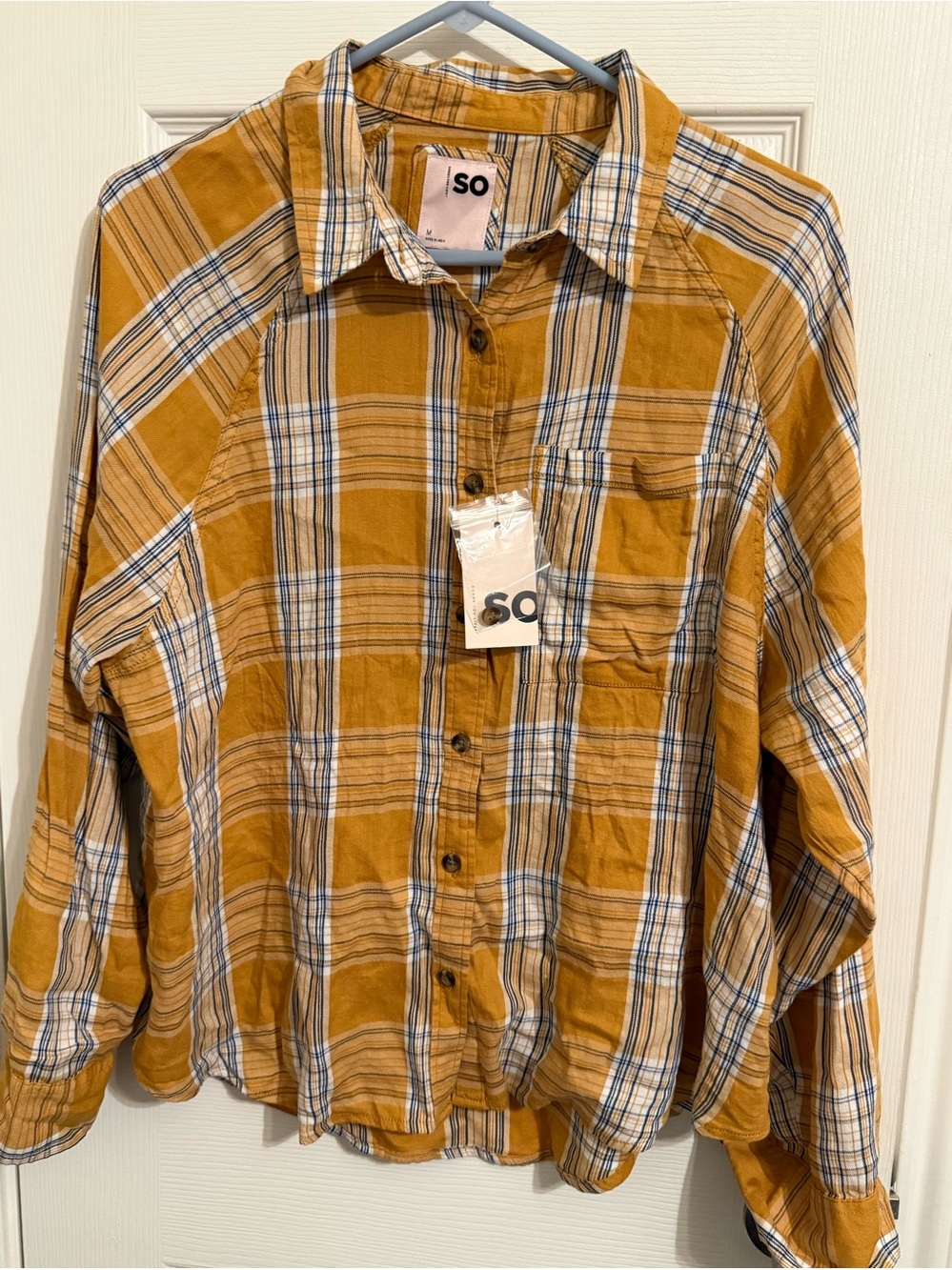 SO Plaid Button-Up Shirt in Mustard Plaid adult medium NWT